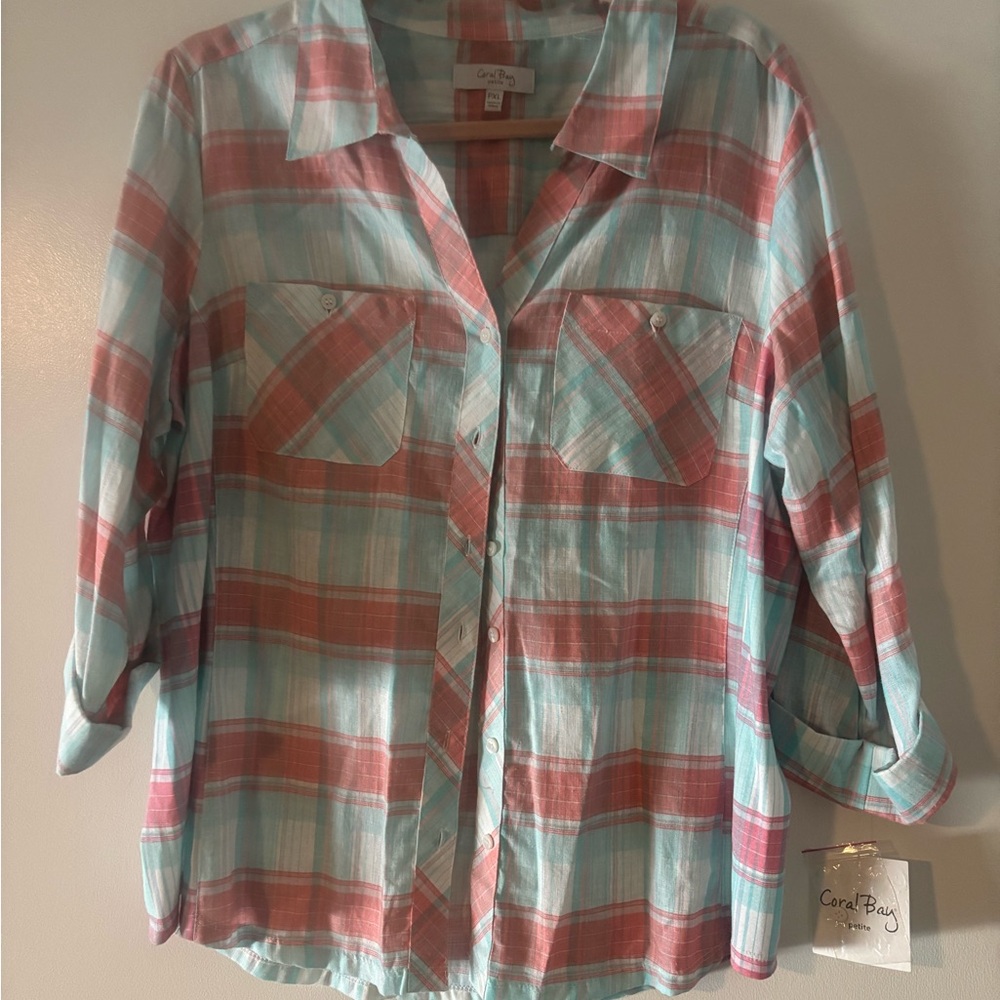 Coral Bay petites Aqua and Coral Plaid Shirt NWT
